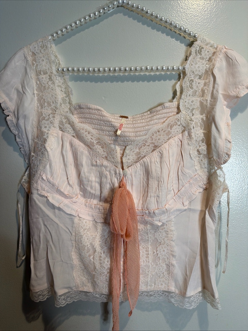 Free People Arlo Lace Tie Front Vintage Cute Romantic Top L - Picture 5 of 7